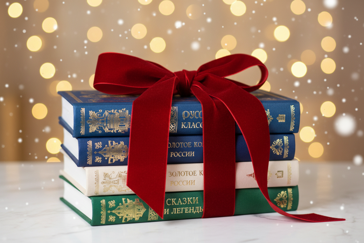 Подарочные книги на русском языке, на праздничном светлом фоне, перевязанные красной ленточкой