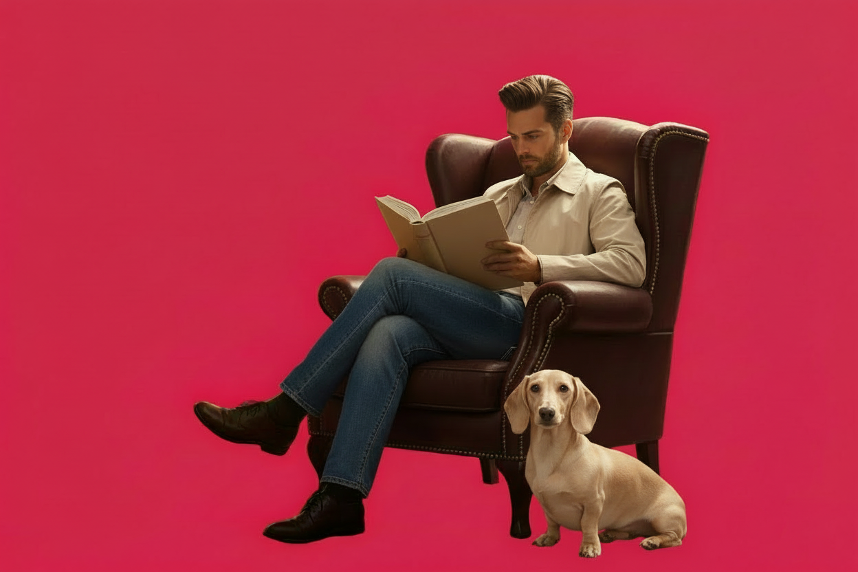 Сгенерирую детектива читающего книгу и чтобы сидео рядом песик