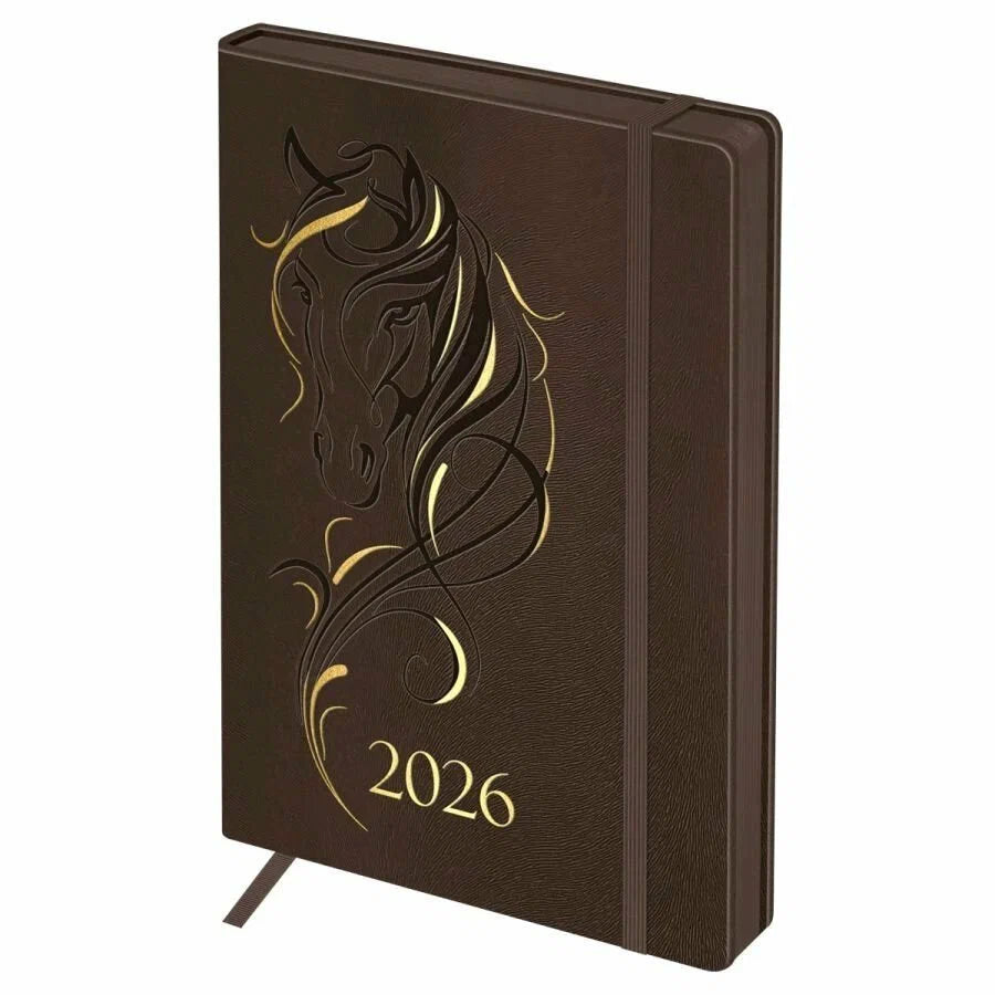 Ежедневник датированный 2026г, А5, 176л, твердый переплет, кожзам, BG Horse. Saddle, цветной срез, с резинкой, карман